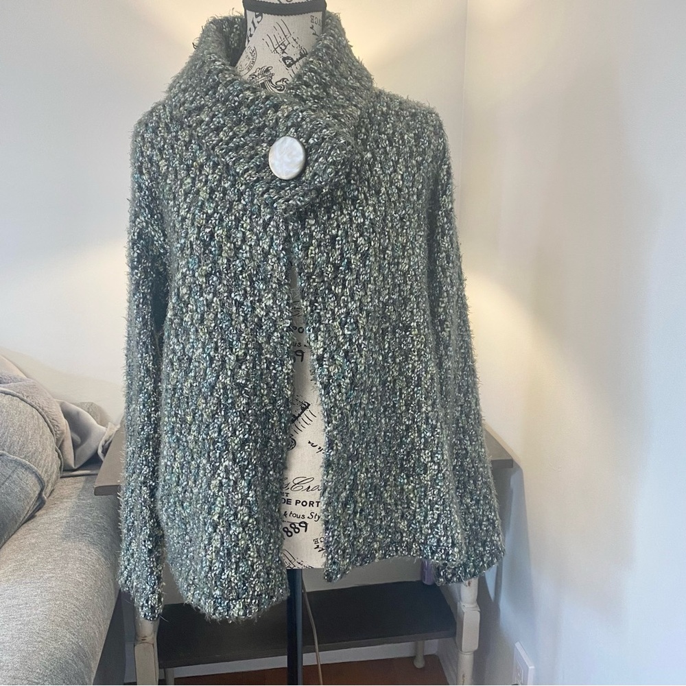 Tweeds Vintage Size Large Knit Green Textured One Button Chunky Cardigan Jacket